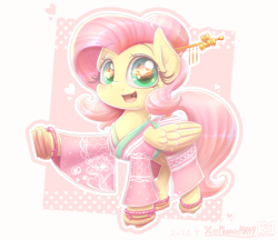 Size: 2730x2358 | Tagged: safe, artist:phoenixrk49, fluttershy, pegasus, pony, g4, clothes, cute, eye reflection, female, folded wings, high res, kimono (clothing), mare, open mouth, open smile, passepartout, raised hoof, reflection, shyabetes, smiling, solo, wings, yukata
