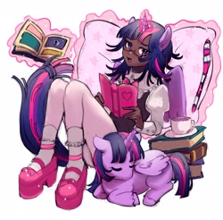 Size: 2048x2016 | Tagged: safe, artist:chuzza, twilight sparkle, alicorn, human, pony, g4, book, clothes, dark skin, dress, duality, eared humanization, glasses, high res, horn, horned humanization, humanized, legs, looking at you, pantyhose, reading, self paradox, self ponidox, simple background, sitting, sleeping, socks, twilight sparkle (alicorn), white background, winged humanization, wings