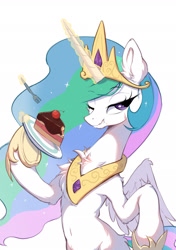 Size: 1535x2185 | Tagged: safe, artist:starbow, part of a set, princess celestia, alicorn, pony, g4, belly, belly button, bipedal, cake, cakelestia, chest fluff, crown, cute, cutelestia, ear fluff, ethereal mane, ethereal tail, eyebrows, eyebrows visible through hair, female, fluffy, food, fork, glowing, glowing horn, hoof shoes, horn, human shoulders, humanoid torso, imminent consumption, jewelry, levitation, lidded eyes, long mane, looking at you, magic, magic aura, mare, one eye closed, peytral, plate, princess shoes, regalia, simple background, slender, solo, spread wings, tail, telekinesis, that pony sure does love cakes, thin, white background, wings