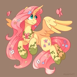 Size: 2000x2000 | Tagged: safe, artist:skysorbett, fluttershy, alicorn, butterfly, pony, collaboration:bestiary of fluttershy, g4, alicornified, beautiful, chest fluff, collaboration, female, flower, flower in hair, fluttercorn, flying, high res, hoof shoes, horn, jewelry, leg fluff, mare, necklace, peytral, princess shoes, race swap, simple background, solo, spread wings, wings