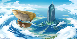 Size: 3100x1600 | Tagged: safe, artist:emeraldgalaxy, g4, my little pony: the movie, airship, celaeno's airship, cloud, flying, high res, mount aris, no pony, ocean, pirate ship, scenery, signature, sky, water