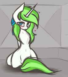 Size: 1475x1675 | Tagged: safe, artist:lu.de, oc, oc only, oc:minty root, pony, unicorn, belly button, blushing, chest fluff, heart, heart eyes, kneeling, looking at you, solo, strategically covered, tail, tail censor, wingding eyes