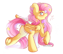Size: 2560x2200 | Tagged: safe, alternate version, artist:yuris, fluttershy, pegasus, pony, g4, blushing, butt, chest fluff, ears up, emanata, featureless crotch, female, flutterbutt, frog (hoof), high res, looking at you, looking back, looking back at you, mare, open mouth, plot, reaction image, simple background, solo, underhoof, walking, white background