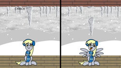 Size: 1920x1080 | Tagged: safe, artist:platinumdrop, derpy hooves, pegasus, pony, g4, 2 panel comic, accident, clothes, comic, commission, earmuffs, female, icicle, imminent death, looking at something, looking up, mare, moments before disaster, onomatopoeia, open mouth, patio, scarf, sitting, smiling, snow, snowfall, solo, sound effects, spread wings, this will end in death, tongue out, too dumb to live, wings, winter