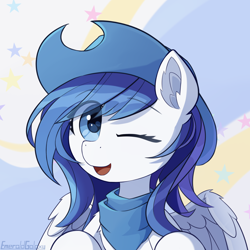 Size: 2000x2000 | Tagged: safe, artist:emeraldgalaxy, oc, oc only, pegasus, pony, 2021, bust, commission, ear fluff, eye clipping through hair, eyebrows, eyebrows visible through hair, hat, high res, looking at you, old art, one eye closed, open mouth, open smile, pegasus oc, signature, smiling, smiling at you, solo, wings, wink, winking at you