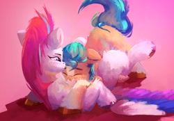 Size: 2473x1724 | Tagged: safe, artist:itssim, hitch trailblazer, zipp storm, earth pony, pegasus, pony, g5, adorazipp, affection, blushing, chest fluff, cute, duo, duo male and female, female, fluffy, hitchbetes, looking at someone, male, mare, misleading thumbnail, ship:stormblazer, shipping, smiling, snuggling, spread wings, stallion, straight, wings