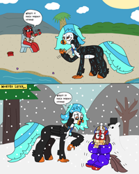 Size: 2371x2967 | Tagged: safe, artist:supahdonarudo, oc, oc only, oc:icebeak, oc:ironyoshi, classical hippogriff, hippogriff, pony, unicorn, beach, beanie, bucket, chair, clothes, cloud, coat, dialogue, drink, fanning, hat, high res, jewelry, necklace, ocean, palm tree, scarf, shirt, shivering, sitting, snow, snowfall, snowpony, speech bubble, sun, sunglasses, sweat, sweating profusely, text, tree, water