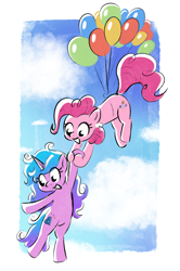 Size: 1506x2268 | Tagged: safe, artist:notfocks, izzy moonbow, pinkie pie, earth pony, pony, unicorn, g4, g5, balloon, cloud, colored sketch, cute, diapinkes, duo, duo female, female, floating, flying, holding hands, holding hooves, izzy and her heroine, izzybetes, mare, sketch, sky, smiling, then watch her balloons lift her up to the sky