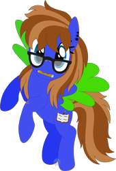 Size: 3123x4580 | Tagged: safe, artist:pure-blue-heart, oc, oc:bluebook, pegasus, pony, colored wings, ear piercing, earring, female, freckles, glasses, jewelry, mare, mouth hold, pegasus oc, pencil, piercing, simple background, transparent background, two toned mane, wings