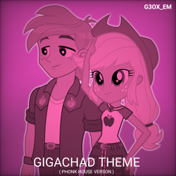 Size: 1280x1280 | Tagged: safe, anonymous artist, artist:edy_january, edit, applejack, big macintosh, human, equestria girls, g4, my little pony equestria girls: better together, album, album cover, album parody, applecest, applejack's hat, bring me the horizon, brother and sister, cowboy hat, duo, female, geode of super strength, gigachad, hat, incest, magical geodes, male, music, parody, phonk, purple background, ship:applemac, shipping, siblings, sigma, sigma female, sigma male, simple background, song, straight, youtube link