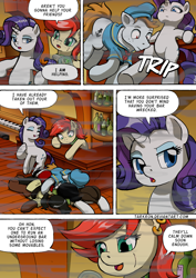 Size: 1204x1700 | Tagged: safe, artist:tarkron, rarity, oc, oc:red scarla, earth pony, pony, unicorn, comic:the royal sandal, g4, comic, dialogue, female, leaning, male, mare, speech bubble, stallion, tripping
