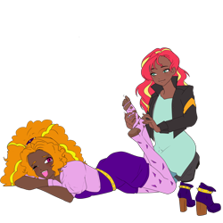 Size: 3072x3072 | Tagged: safe, alternate version, artist:cryweas, artist:icicle-niceicle-1517, color edit, edit, adagio dazzle, sunset shimmer, human, g4, alternate hairstyle, barefoot, belt, blushing, boots, clothes, collaboration, colored, crying, dark skin, discarded clothing, dress, duo, feet, female, fetish, fingerless gloves, foot fetish, gloves, hairband, high heel boots, high res, humanized, jacket, kneeling, laughing, leather, leather jacket, lesbian, lying down, one eye closed, open mouth, prone, ripped stockings, ship:sunsagio, shipping, shoes, shoes removed, shorts, simple background, socks, soles, stockings, tears of laughter, thigh highs, tickle torture, tickling, toes, torn clothes, torn socks, transparent background