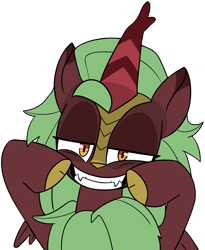 Size: 3488x4250 | Tagged: safe, artist:icey, edit, cinder glow, summer flare, kirin, g4, cloven hooves, fangs, grin, jojo's bizarre adventure, lidded eyes, looking at you, menacing, simple background, smiling, smiling at you, sticker, teeth, transparent background, ゴ ゴ ゴ