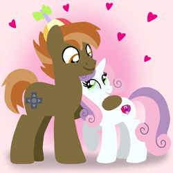 Size: 1400x1400 | Tagged: safe, artist:mlplary6, button mash, sweetie belle, earth pony, pony, unicorn, g4, boyfriend and girlfriend, buttonbetes, cute, daaaaaaaaaaaw, diasweetes, female, hat, heart, looking at each other, looking at someone, love, male, mare, older, older button mash, older sweetie belle, ship:sweetiemash, shipping, smiling, smiling at each other, stallion, straight