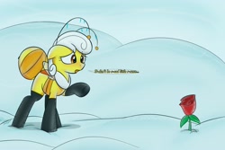 Size: 3000x2000 | Tagged: safe, artist:bestponies, oc, oc only, oc:buzzing pollen, bee, bee pony, insect, monster pony, original species, pony, cold, dialogue, female, flower, high res, mare, rose, sad, snow, solo, vent art