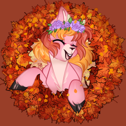Size: 600x600 | Tagged: safe, alternate character, alternate version, artist:bananasplitedy, oc, oc only, oc:plume fi, deer, blushing, cloven hooves, commission, deer oc, ear blush, freckles, leaf, leaves, makeup, non-pony oc, open mouth, sketch, smiling, solo, wind, wreath, ych result