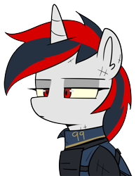 Size: 3432x4416 | Tagged: safe, artist:icey, edit, oc, oc:blackjack, pony, unicorn, fallout equestria, fallout equestria: project horizons, armor, clothes, colored sclera, fallout, fanfic art, jumpsuit, lidded eyes, not impressed, simple background, sticker, transparent background, unamused, unimpressed, vault security armor, vault suit, yellow sclera