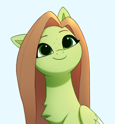 Size: 1850x2000 | Tagged: safe, artist:luminousdazzle, oc, oc only, oc:lumina, pegasus, pony, blue background, bust, cyan background, female, freckles, green eyes, long mane, mare, one ear down, pegasus oc, simple background, smiling, solo
