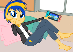 Size: 2008x1436 | Tagged: safe, artist:mlpfan3991, oc, oc only, oc:flare spark, human, equestria girls, g4, clothes, cutie mark on clothes, denim, female, jeans, jewelry, looking at you, lying down, necklace, nintendo, nintendo switch, pants, smiling, solo, super mario bros., video game