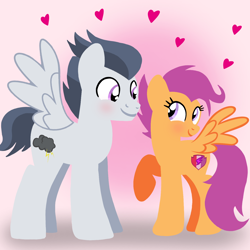 Size: 1400x1400 | Tagged: safe, artist:mlplary6, rumble, scootaloo, pegasus, pony, g4, blushing, boyfriend and girlfriend, cute, daaaaaaaaaaaw, female, heart, looking at each other, looking at someone, love, male, mare, older, older rumble, older scootaloo, rumblebetes, scootalove, ship:rumbloo, shipping, smiling, smiling at each other, stallion, straight