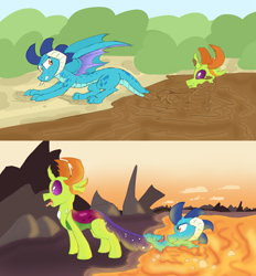 Size: 5119x5506 | Tagged: safe, artist:pzkratzer, princess ember, thorax, changedling, changeling, dragon, g4, absurd resolution, bathing, dragoness, duo, female, king thorax, lava, lava bathing, male, mud, mud bath, ship:embrax, shipping, sketch, straight, submerged, swamp, this will end in pain, this will end in tears, this will end in tears and/or death