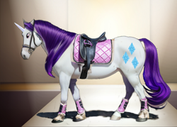 Size: 1434x1024 | Tagged: safe, ai assisted, ai content, rarity, horse, pony, unicorn, g4, 1000 hours in gimp, bridle, edited photo, fashion, fashion horse, female, hoers, hoof boots, horses doing horse things, imported from ponybooru, mare, ponified animal photo, rarity being rarity, saddle, semi-realistic, solo, tack