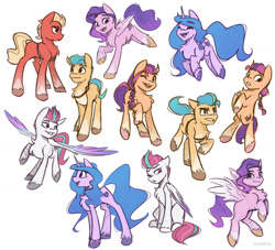 Size: 1280x1161 | Tagged: safe, artist:pointdelta, hitch trailblazer, izzy moonbow, pipp petals, sprout cloverleaf, sunny starscout, zipp storm, earth pony, pegasus, pony, unicorn, g5, colored sketch, female, male, mane five, mare, no iris, simple background, sketch, sketch dump, stallion, white background