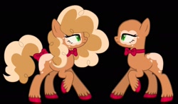 Size: 1928x1137 | Tagged: safe, artist:caffeine0addict, oc, oc only, oc:cinnamon toast, earth pony, pony, base used, black background, bow, bowtie, coat markings, female, frown, mare, offspring, parent:cheese sandwich, parent:pinkie pie, parents:cheesepie, simple background, solo, tail, tail bow, unshorn fetlocks