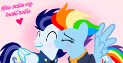 Size: 1980x1020 | Tagged: safe, artist:mlplary6, rainbow dash, soarin', pegasus, pony, g4, the last problem, blushing, bomber jacket, cheek kiss, clothes, duo, eyes closed, female, heart, husband and wife, jacket, kissing, love, male, mare, older, older rainbow dash, older soarin', older soarindash, ship:soarindash, shipping, smiling, stallion, straight, text