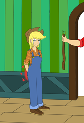 Size: 1407x2045 | Tagged: safe, artist:collegeboy, applejack, big macintosh, human, g4, belt, clothes, crying, female, humanized, offscreen character, overalls, pain star, spanked, spanking