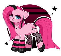 Size: 2756x2532 | Tagged: safe, artist:kittyrosie, part of a set, pinkie pie, earth pony, pony, g4, abstract background, clothes, ear piercing, earring, goth, high res, jewelry, looking at you, makeup, piercing, shoes, simple background, socks, striped socks
