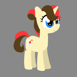 Size: 1428x1420 | Tagged: safe, artist:catachromatic, oc, oc only, oc:cherry scoops, pony, unicorn, g4, colored, eyes open, female, filly, flat colors, foal, gray background, hair bun, horn, lineless, simple background, smiling, solo, unicorn oc