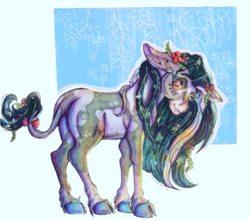 Size: 4128x3630 | Tagged: safe, artist:pegasus004, oc, oc only, earth pony, pony, bow, butt, cloven hooves, floppy ears, flower, flower in hair, leonine tail, markings, plot, solo, tail, traditional art
