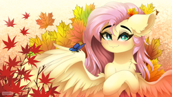 Size: 7680x4320 | Tagged: safe, artist:natanvok, fluttershy, butterfly, pegasus, pony, g4, absurd file size, absurd resolution, blushing, chest fluff, cute, ear fluff, eyebrows, eyebrows visible through hair, female, insect on someone, leaf, leaves, lidded eyes, looking at you, mare, shyabetes, signature, smiling, smiling at you, solo, spread wings, wallpaper, wings