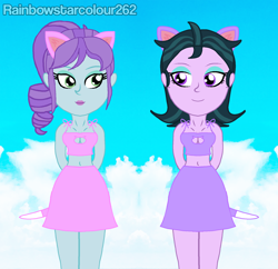 Size: 1840x1780 | Tagged: safe, artist:rainbowstarcolour262, crystal lullaby, zephyr, human, series:equ shadowcats, equestria girls, g4, animal costume, bare shoulders, belly button, boob window, breasts, busty crystal lullaby, busty zephyr, cat costume, cat ears, cat tail, catgirl, cleavage, clothes, cloud, costume, crystal prep shadowbolts, duo, duo female, eyeshadow, female, green eyes, just friends, lipstick, looking at each other, looking at someone, makeup, midriff, ponytail, purple eyes, signature, skirt, sky, sleeveless, smiling, smiling at each other, tail