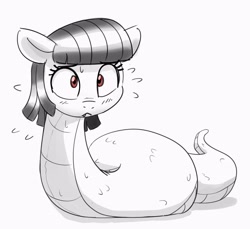 Size: 3119x2862 | Tagged: safe, artist:pabbley, oc, oc only, oc:tija, original species, snake, snake pony, :<, black and white, blushing, emanata, female, grayscale, high res, mare, monochrome, partial color, plewds, simple background, solo, sweat, sweatdrops, white background