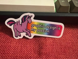 Size: 794x603 | Tagged: safe, artist:redpalette, twilight sparkle, alicorn, pony, g4, comic sans, female, graphic design is my passion, irl, keyboard, mare, meme, merchandise, photo, rainbow, rainbow gradient, silly, solo, sticker, twilight sparkle (alicorn)