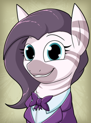 Size: 1266x1705 | Tagged: safe, artist:moonatik, oc, oc only, oc:imzanit azpin, zebra, equestria at war mod, bowtie, bust, clothes, portrait, shirt, smiling, smirk, solo, zebra oc