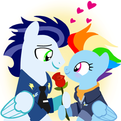Size: 1400x1400 | Tagged: safe, artist:mlplary6, rainbow dash, soarin', pegasus, pony, g4, the last problem, blushing, bomber jacket, clothes, duo, female, flower, heart, husband and wife, jacket, looking at each other, looking at someone, love, male, mare, older, older rainbow dash, older soarin', older soarindash, romantic, rose, ship:soarindash, shipping, smiling, smiling at each other, stallion, straight