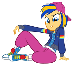 Size: 1316x1143 | Tagged: safe, artist:mlpfan3991, oc, oc only, oc:flare spark, human, equestria girls, equestria girls specials, g4, my little pony equestria girls: dance magic, backwards ballcap, baseball cap, cap, clothes, converse, cutie mark on clothes, female, hat, hoodie, pants, rapper, rapper dash, shirt, shoes, simple background, smiling, solo, tomboy, transparent background