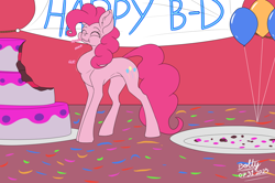 Size: 7662x5080 | Tagged: safe, artist:lightning bolty, pinkie pie, earth pony, pony, g4, absurd resolution, balloon, banner, big ears, birthday, cake, cartoon physics, cheek bulge, chewing, closed mouth, colored, commission, commissioner:princess, concave belly, confetti, crumbs, date (time), digestion without weight gain, ear fluff, eating, eyebrows, eyelashes, eyes closed, female, flat colors, food, giant food, gluttony, hammerspace, hammerspace belly, indoors, mare, munching, no source available, party, pinkie being pinkie, plate, platter, signature, slender, smiling, solo, stuffing, swallowing, that pony sure does love cakes, that pony sure does love eating, thin, throat bulge, wall of tags