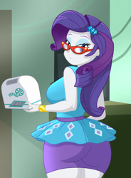Size: 1352x1836 | Tagged: safe, artist:blitzarroli, rarity, human, equestria girls, g4, happily ever after party, happily ever after party: rarity, my little pony equestria girls: better together, ass, breasts, busty rarity, butt, curvy, female, glasses, hourglass figure, looking at you, looking back, looking back at you, projector, rarity peplum dress, rarity's glasses, rear view, rearity, smiling, smiling at you, solo, stupid sexy rarity, the ass was fat, thighs, thunder thighs, tight clothing