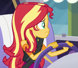 Size: 779x676 | Tagged: safe, screencap, sunset shimmer, human, driving miss shimmer, driving miss shimmer: rarity, equestria girls, g4, my little pony equestria girls: better together, car, car interior, cropped, driving, solo, steering wheel