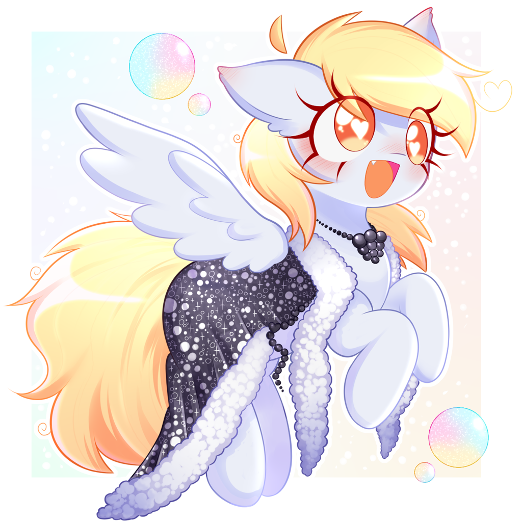 [blushing,bubble,clothes,commission,cute,derpy hooves,dress,female,flying,g4,gala dress,heart,heart eyes,jewelry,mare,necklace,open mouth,pegasus,pony,safe,solo,wingding eyes,wings,abstract background,smiling,spread wings,pearl necklace,artist:arwencuack]