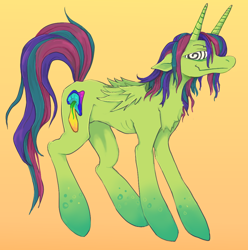 Size: 1060x1069 | Tagged: safe, artist:rainbowteeth, oc, oc only, oc:baphomet lenz, alicorn, bicorn, pony, chest fluff, concave belly, gradient background, gradient hooves, horn, multiple horns, ribs, small wings, solo, thin, wings