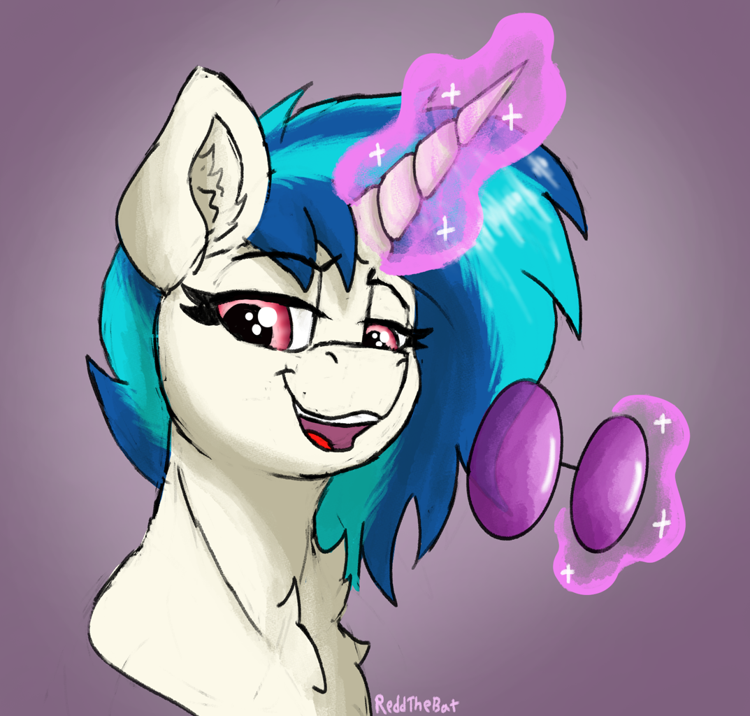 [bust,chest fluff,dj pon-3,female,glowing,glowing horn,horn,levitation,looking at you,magic,mare,open mouth,pony,safe,solo,sunglasses,telekinesis,unicorn,vinyl scratch,ear fluff,glasses off,lidded eyes,smiling,smiling at you,neck fluff,open smile,artist:reddthebat,sternocleidomastoid]