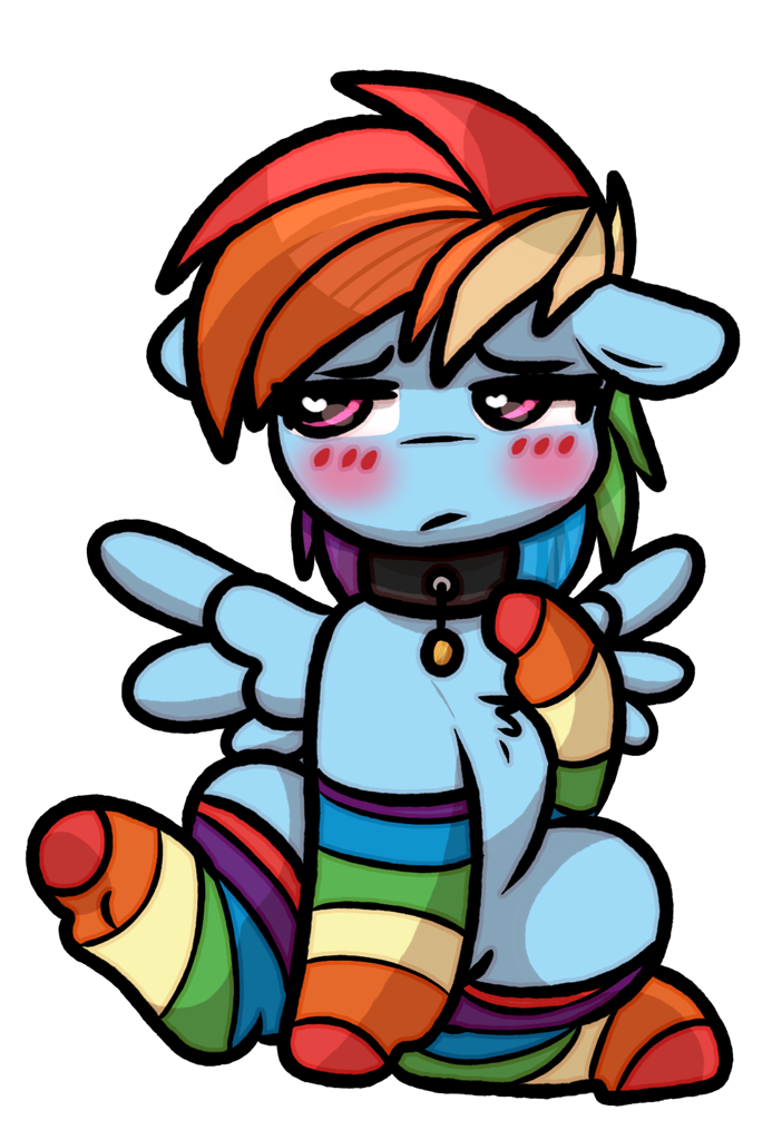 [blushing,clothes,collar,dog collar,female,filly,floppy ears,foal,heart,heart eyes,rainbow dash,rainbow socks,safe,simple background,socks,solo,stockings,thigh highs,transparent background,wingboner,wingding eyes,wings,younger,looking away,striped socks,filly rainbow dash,spread wings,artist:faerienougat]