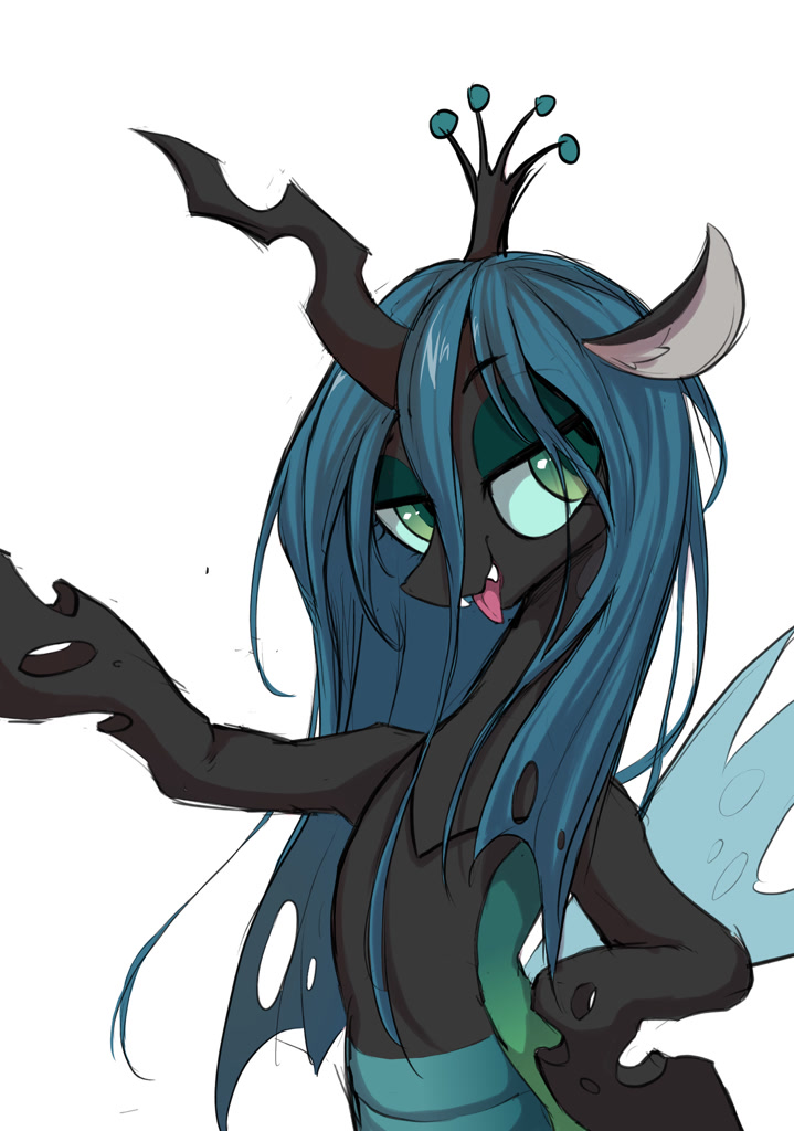 [belly,bipedal,changeling,changeling queen,eyebrows,fangs,female,horn,looking at you,open mouth,queen chrysalis,safe,simple background,solo,white background,tongue out,part of a set,eyebrows visible through hair,artist:starbow]