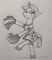 Size: 768x883 | Tagged: safe, artist:jargon scott, starke kragen, pony, unicorn, g4, bipedal, cheerleader, cheerleader outfit, clothes, female, floppy ears, grayscale, hoof shoes, looking at you, mare, monochrome, pencil drawing, pom pom, solo, standing, standing on one leg, stockings, thigh highs, traditional art