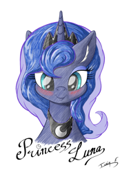 Size: 4961x7016 | Tagged: safe, artist:memprices, princess luna, alicorn, pony, g4, absurd resolution, blushing, bust, crown, ear fluff, ethereal mane, fanart, jewelry, looking at you, pencil drawing, peytral, portrait, regalia, simple background, smiling, smiling at you, traditional art, white background